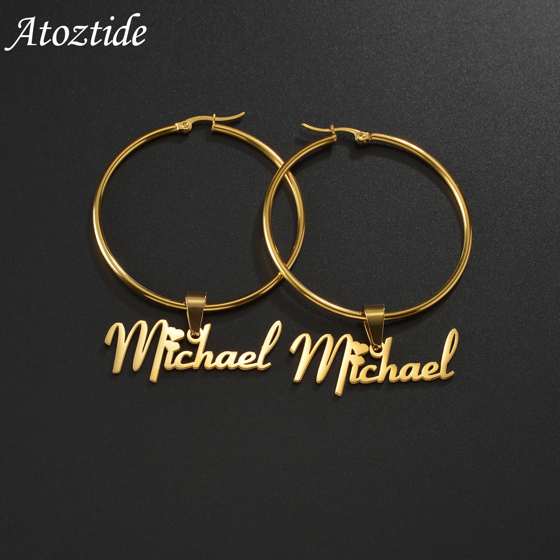 Atoztide New Custom Name Hoop Earrings Personalized Gold Color Stainless Steel Circle for Women Letter Nameplate Earring Jewelry