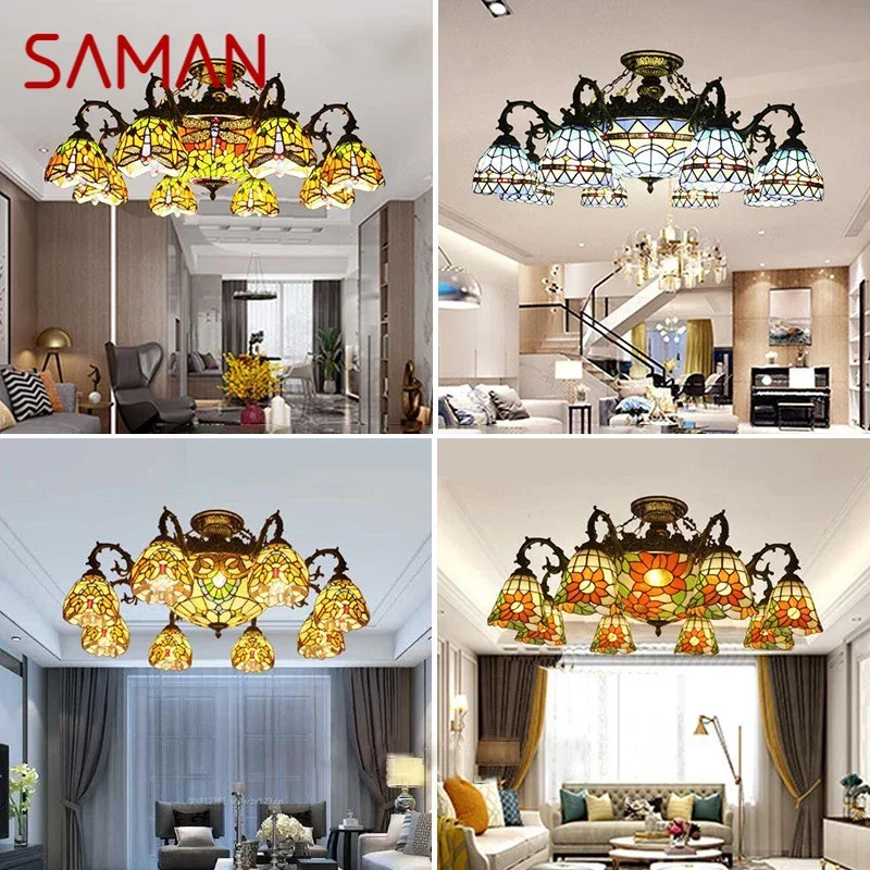 Фото SAMAN Tiffany Европейская подвесная лампа для гостиной, винтажная креативная цветная стеклянная люстра для ресторана, спальни, отеля, виллы №1