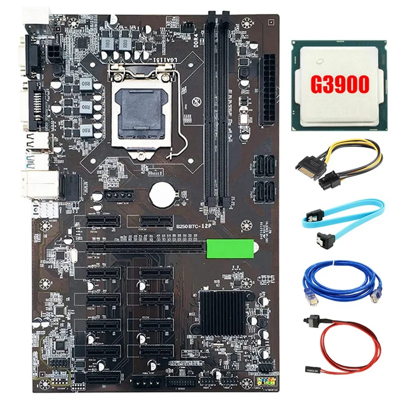 

Комплект материнской платы B250 BTC, 12 GPU LGA1151 DDR4 SATA 3,0 USB 3,0 с процессором G3900 для майнинга биткойнов, материнская плата ETH Miner