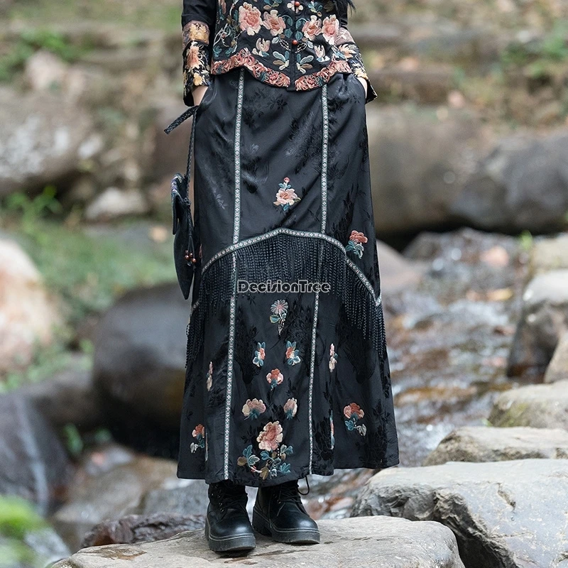 2024 новая женская юбка в китайском ретро-национальном стиле с вышивкой и бахромой