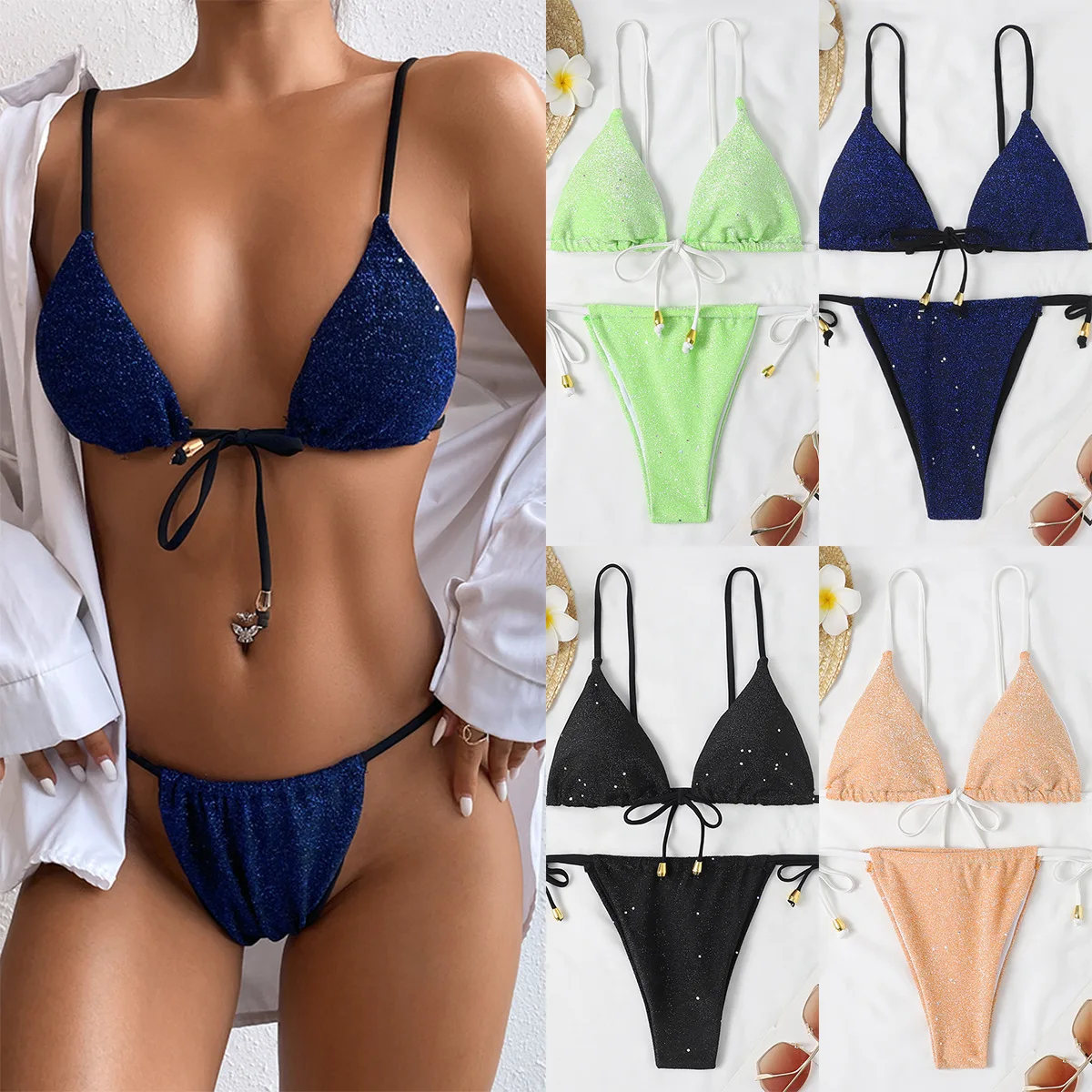 

2022 Solid Color Bling Sexy Bikini Micro String Bathing Suit Women Swimming Swimsuit Beachwear Thong 2 Piece Mini Front Lacing