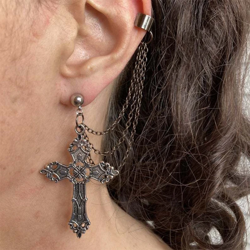 

New Gorgeous Personality Gothic Dark Anhe Cross Ear Clip For Women Korean Fashion Earring Daily Birthday Party Jewelry Gifts