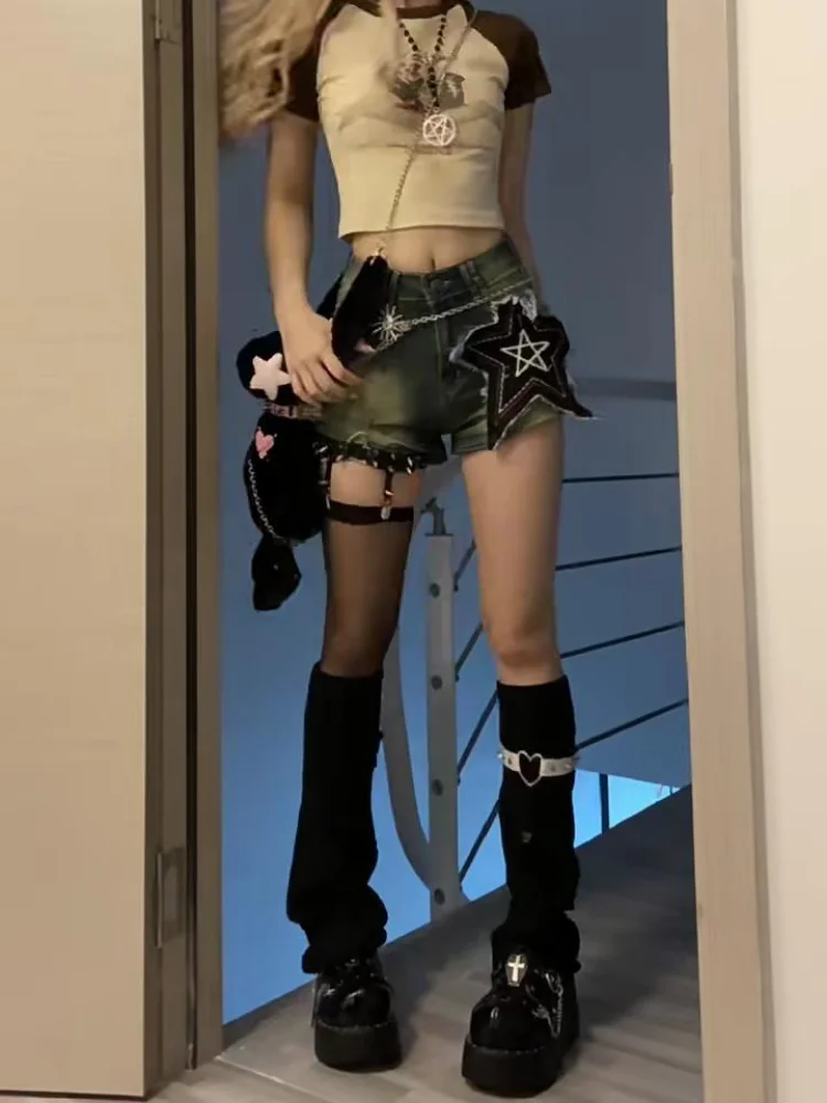 HOUZHOU Grunge Y2k Short Jeans Women Vintage Star Girl High Waist Denim Shorts Sexy Gyaru Korean Streetwear Punk American Retro