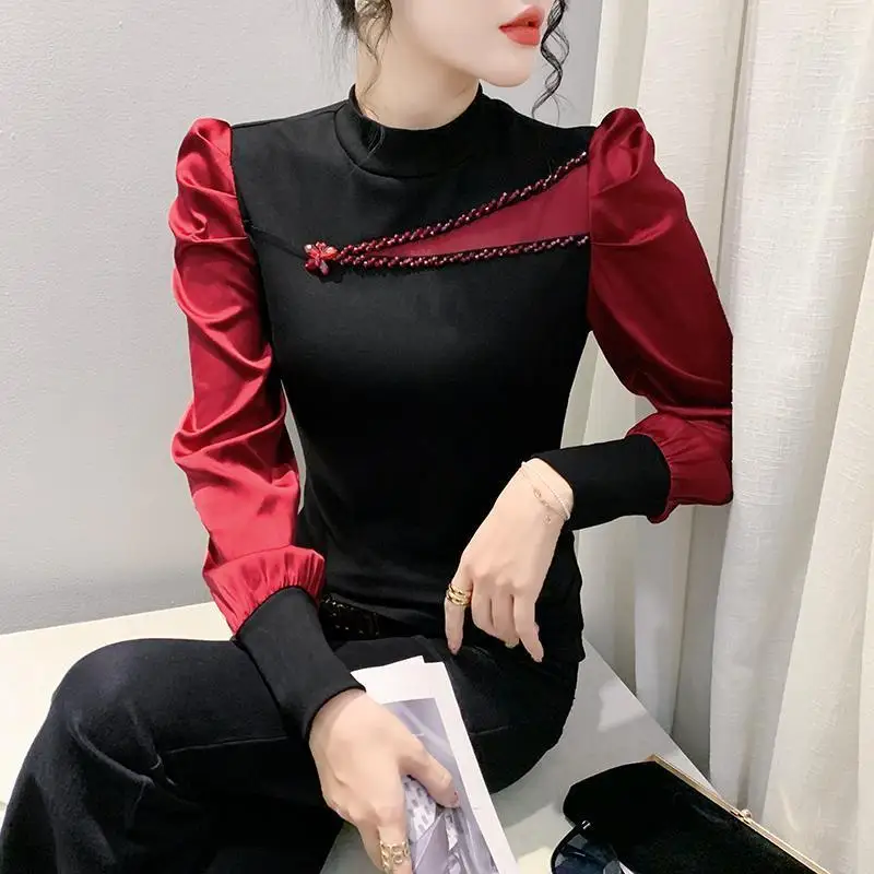 

Elegant Slim Stylish Beading Shirt Women's Clothing Commute Spliced Contrasting Colors Autumn Winter Half High Collar Blouse New