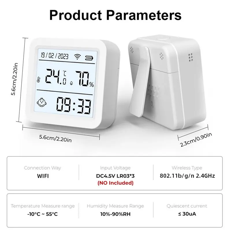 Фото Датчик температуры и влажности A69esmart Wifi Tuya с USB-питанием, подсветкой дисплея, совместимый с приложением Smart Life, умный термостат с функцией подключения к Smart Air. №2