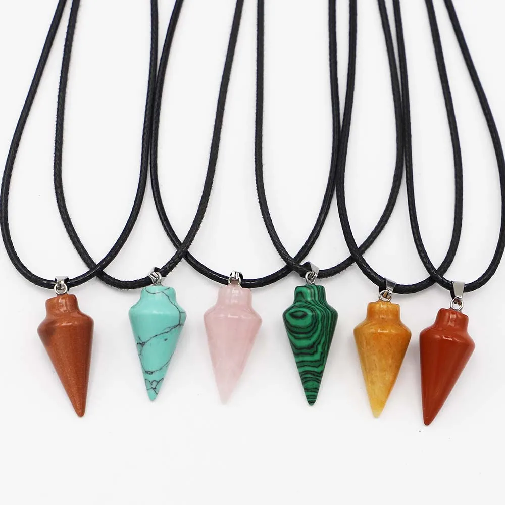 

Natural Multicolo Tapered Stone Pendant Leather Cord Necklace Healing Minerals Charms Fashion Hot Sale Jewelry Accessories 1Pcs