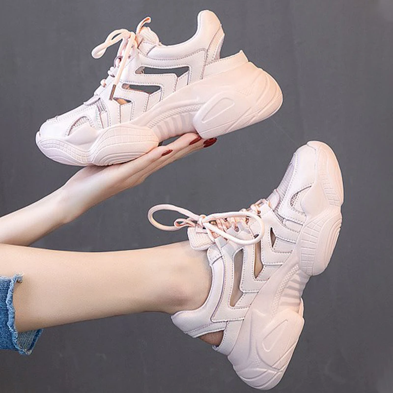 7cm Air Mesh Genuine Leather Women Summer Side Hollowing Soft Sole Platform Wedge Sandals Fashion Chunky Ladies Sneakers Shoes