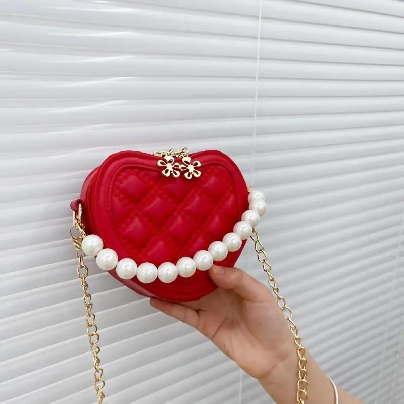 2023 Pearl Handle Girls Mini Shoulder Messenger Bag Princess Wallet Coin Purse Handbag Cute Children Heart-shaped Crossbody Bags