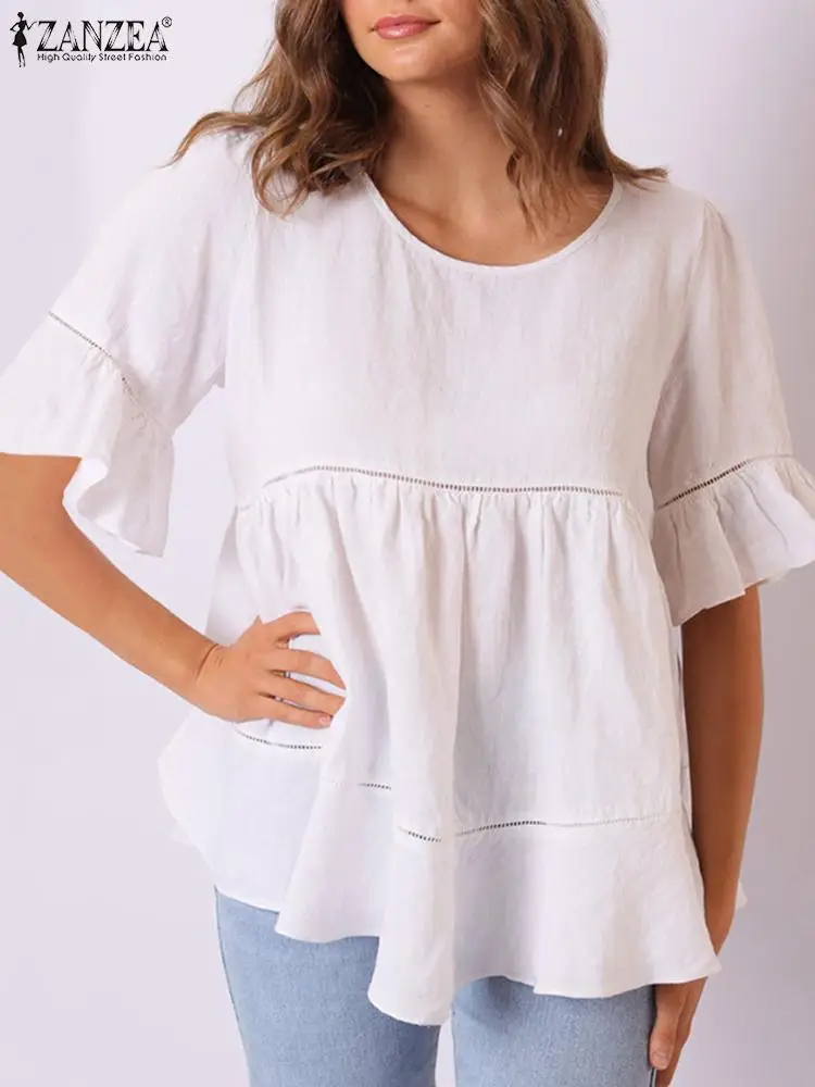 

Модная летняя блузка ZANZEA, элегантные Лоскутные топы с круглым вырезом и рукавом до локтя, повседневные однотонные праздничные блузы, свобод...