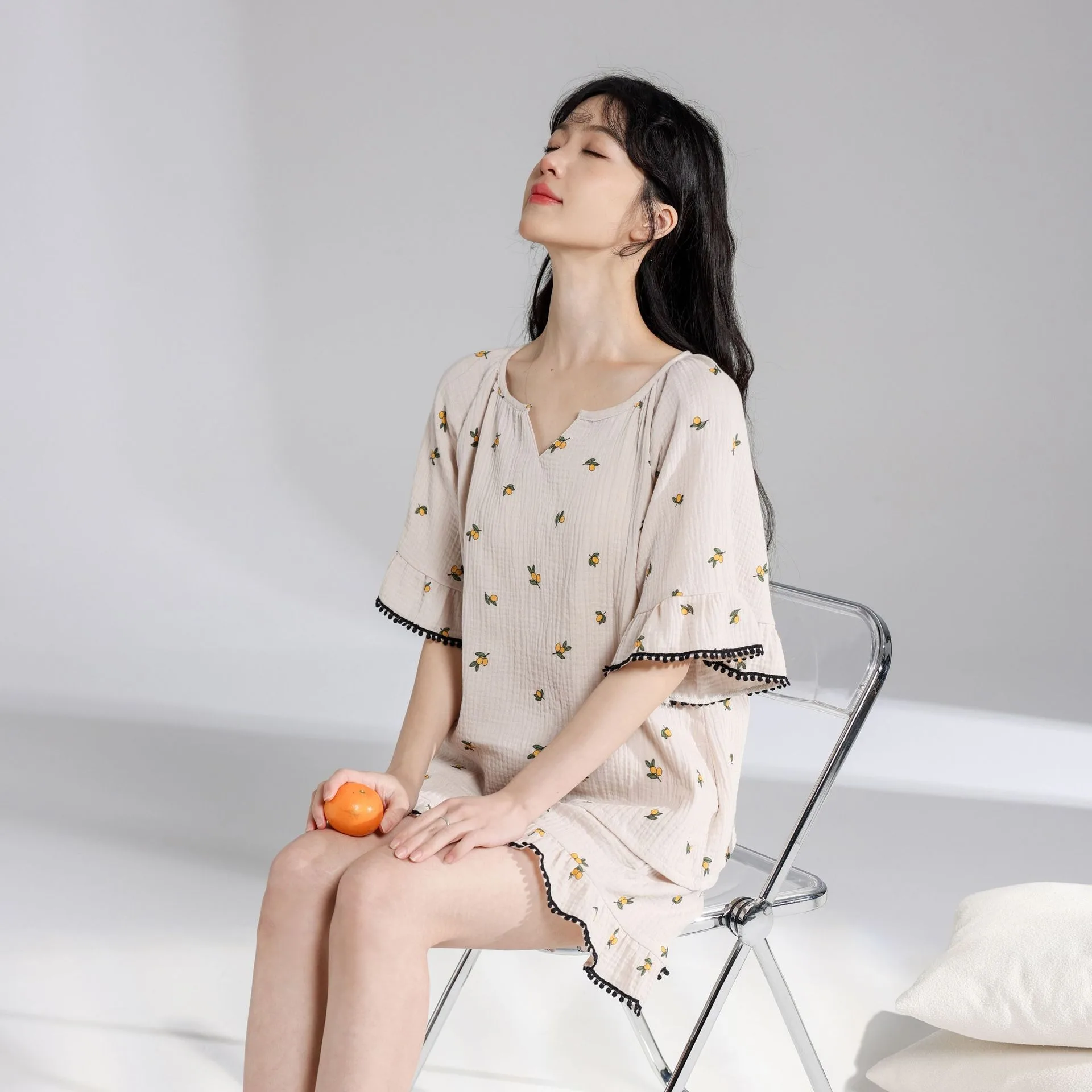 1 Pajamas Women's Summer Thin Crepe Cotton Short Sleeve Shorts Japanese Home Suit Two Piece Loose Sleepwear Dress Nightgown