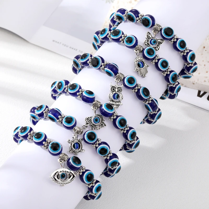 

Classic Blue Evil Eye Butterfly Fatima Hand Pendant Bracelets Resin Lucky Bead Wishing Chain Bracelet for Women Jewelry Gifts
