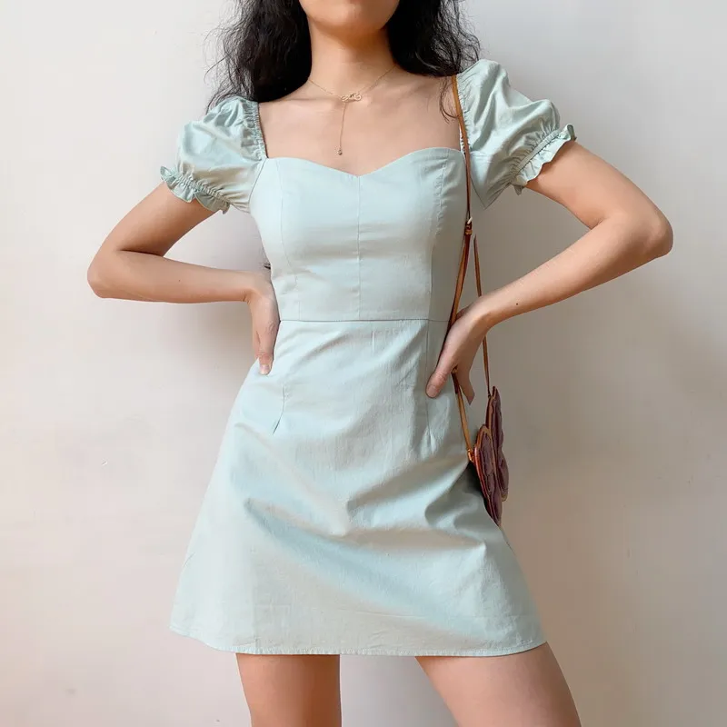 

Women Summer Sweet Blue Green Casual Square Collar Bodycon Dress Puff Sleeve High Waist Elegant A-line Sexy Mini Dresses 2021