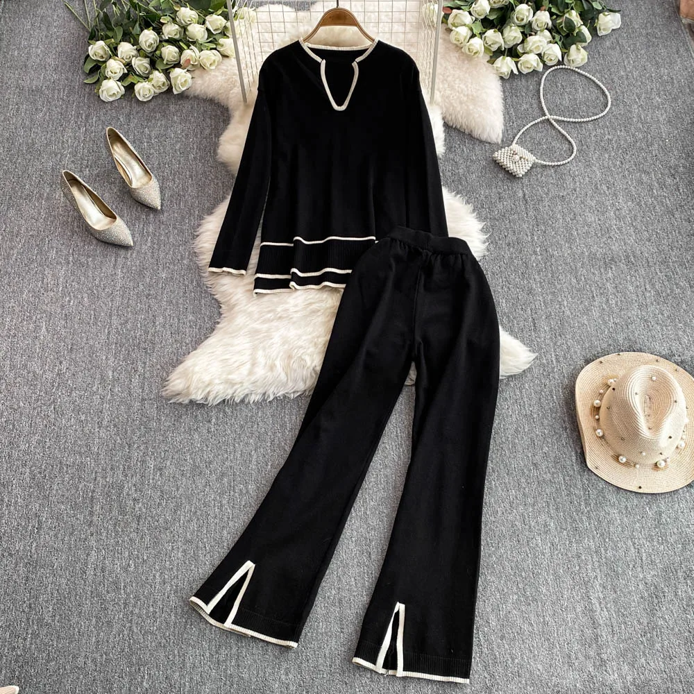 Женский корейский трикотаж нестандартной формы свитер + широкие брюки с разрезом