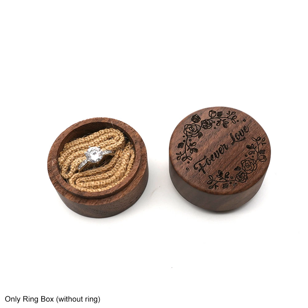 

Proposal Wedding Vintage Brown Romantic Engagement Gift Engraved Letter Round Wood Ring Box Durable Anniversary Portable Packing