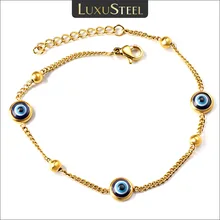 LUXUSTEEL Fashion Blue Turkish Evil Eye Bracelets For Women Stainless Steel Ball Beads Link Chain Adjustable Hand Jewelry Gifts