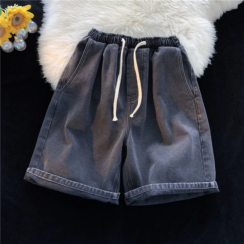 

SYUHGFA 2022 Summer Men's Casual Jeans Shorts Simple Drawstring Knee Length Short Denim Pant Blue Black Bermuda Shorts For Male
