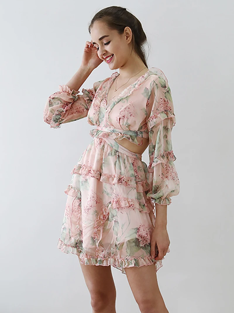 

Women Sweet Dress Girls Ruffles Mesh Flower Print A-Line Back Lace-up Hollow Out Holiday Party French Style Dresses Streetwear