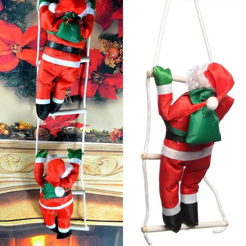 

25CM Christmas Santa Claus Climbing on Rope Ladder Xmas Trees Hanging Ornament for Party Door Decor