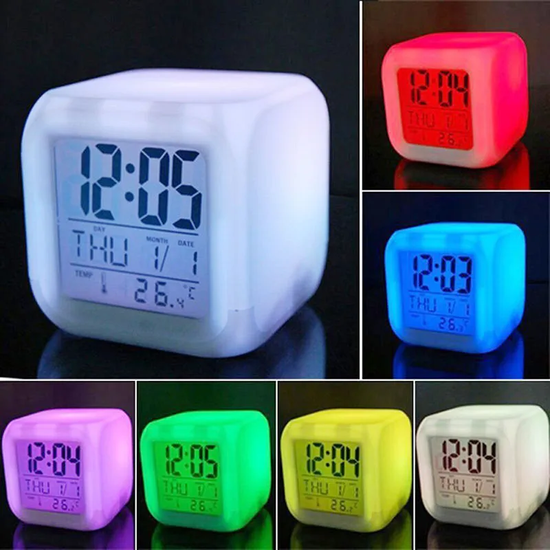 

7 Color LED Glowing Alarm Clock Electronic Alarm Clockwith Date Alarm Thermometer Desktop Table Cube Alarm Clock Night Glowing