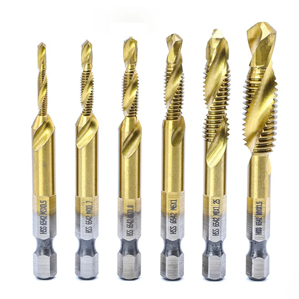 

6pcs Drill Bits Set M3-M10 Hex Shank Titanium Plated HSS Screw Thread Metric Tap Drill Bits Tools for Metal Steel Wood Plastic