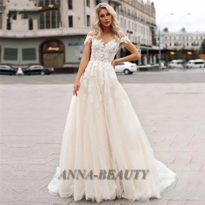 

Anna Elegant Lace Appliques A Line Illusion Wedding Dresses Off The Shoulder Sweep Train Robe De Mariée Made To Order