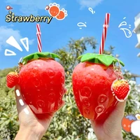 creative strawberry straw cup plastic cup cute with accessories milk tea cup student water cup water bottle decoration cup gift
