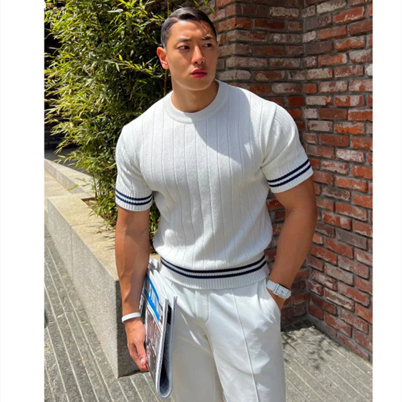 

Male Training Workout Knitted stripess Slim Tees Top Fashion clothing 2022 New short sleeves t shirt Men Gyms Fitness T-shirt
