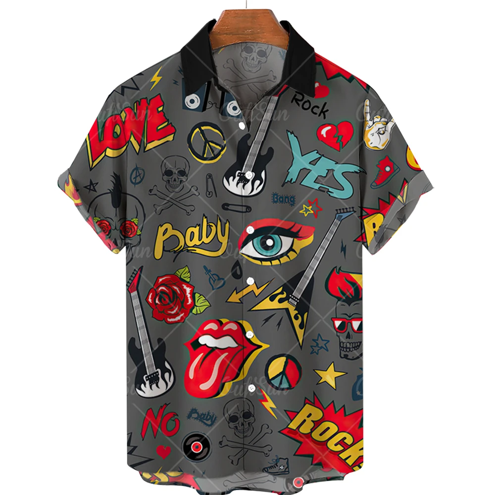 

Гавайская рубашка мужская с коротким рукавом, Повседневная блуза с 3D принтом музыки, Свободный Топ с лацканами, прямая пляжная куртка, лето ...