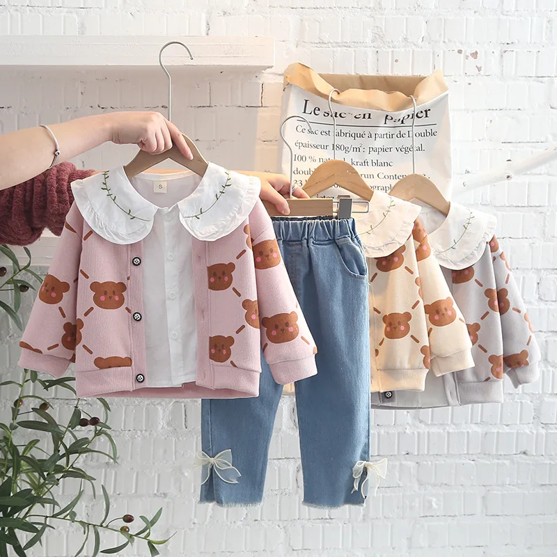 2022 Spring Autumn 3PCS Girls Clothing Set Cartoon Bear Sweater Coat Long Sleeve Shirt Washed Jeans Pants Baby Clothes |