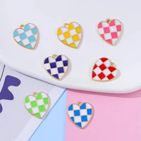 10pcs fashion enamel colorful checkerboard heart charm pendant diy jewelry making materials pendant keychain earring accessories