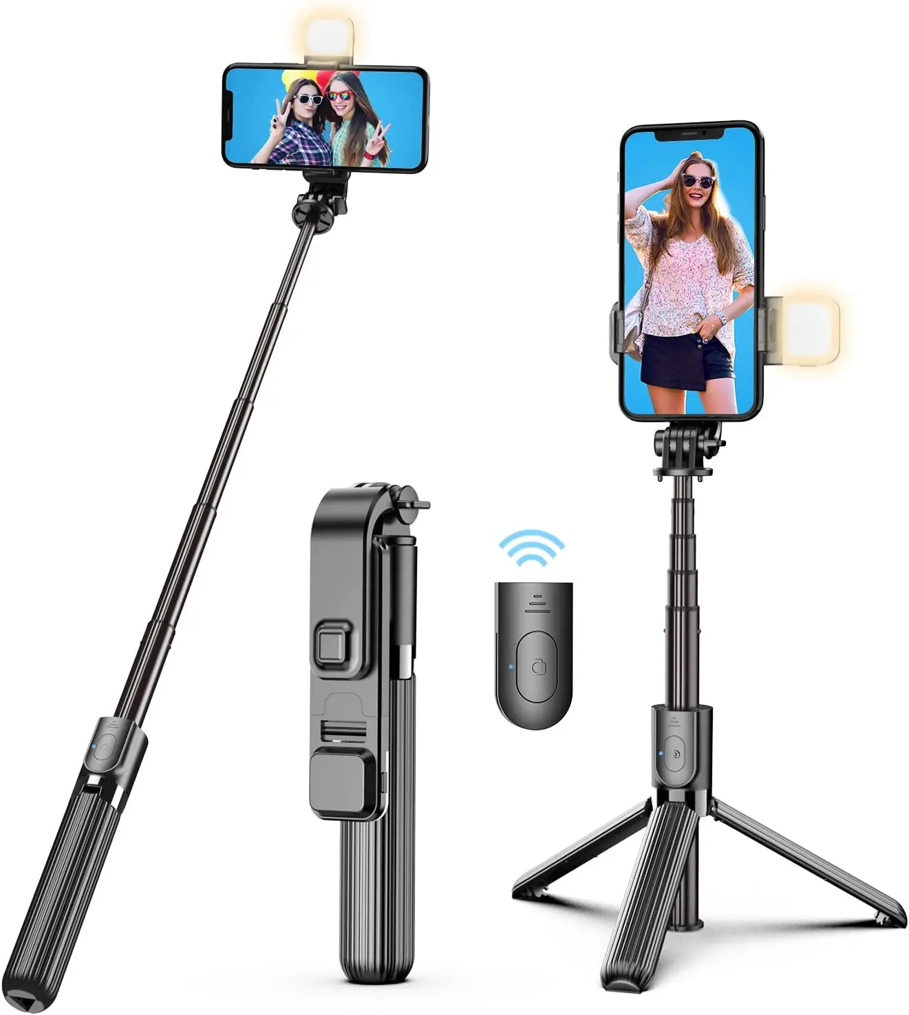 

Bastão de selfie tripé sem fio Bluetooth com controle remoto bastão de selfie de liga de alumínio com luz de preenchimento