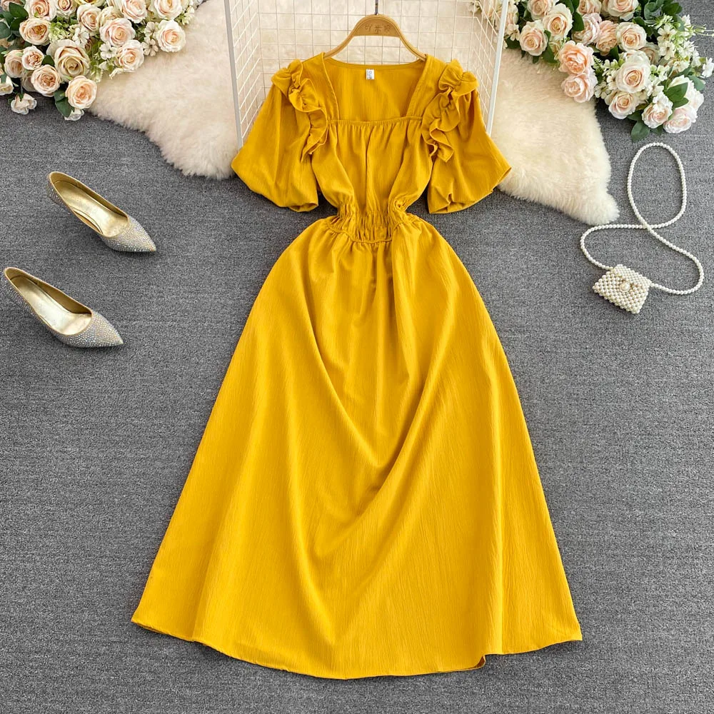 

Vintage Elegant Dresses For Women Spring Autumn Short Sleeve Square Collar Elastic High Waist Femme Vestido Fashion Woman Dress