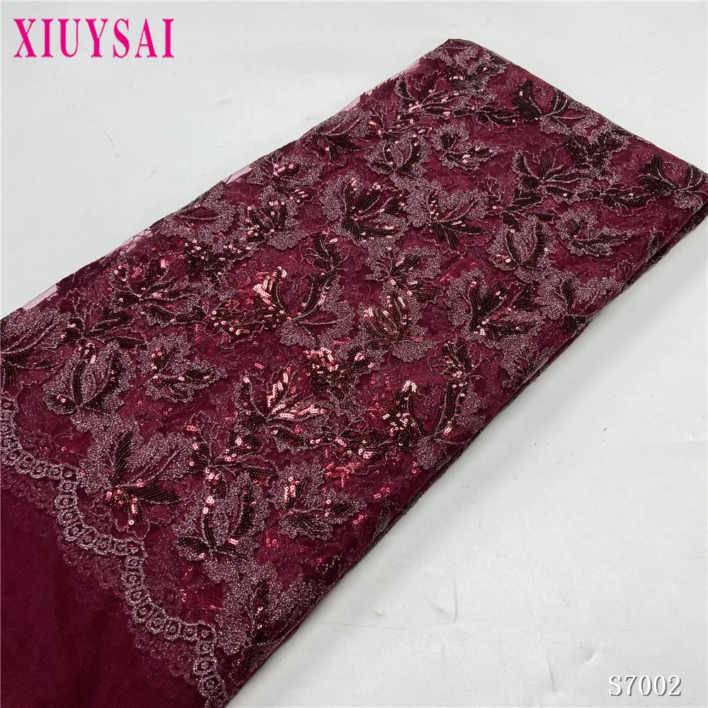 

African Embroidery Dubai Fabrics Sequins For Women Sewing Evening Dresses Wine Tulle Lace Mesh Fabric 5Yards 2023 High Quality