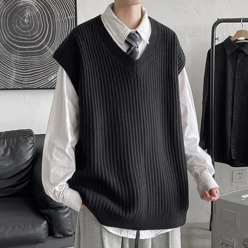 Yasuk 2023 Spring Autumn Winter Solid Casual Pullover Vest Men's Loose Knitted Top Student Preppy Style Sweater Gentle PlusSize