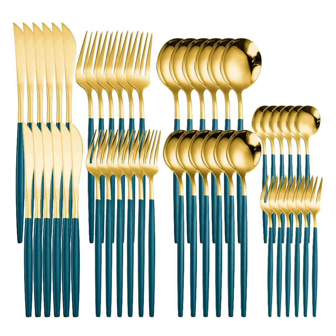 

48Pcs Dark Green Gold Stainless Steel Mirror Dinnerware Set Western Flatware Set Creative Teaspoon Tableware Set Travel Cutlery