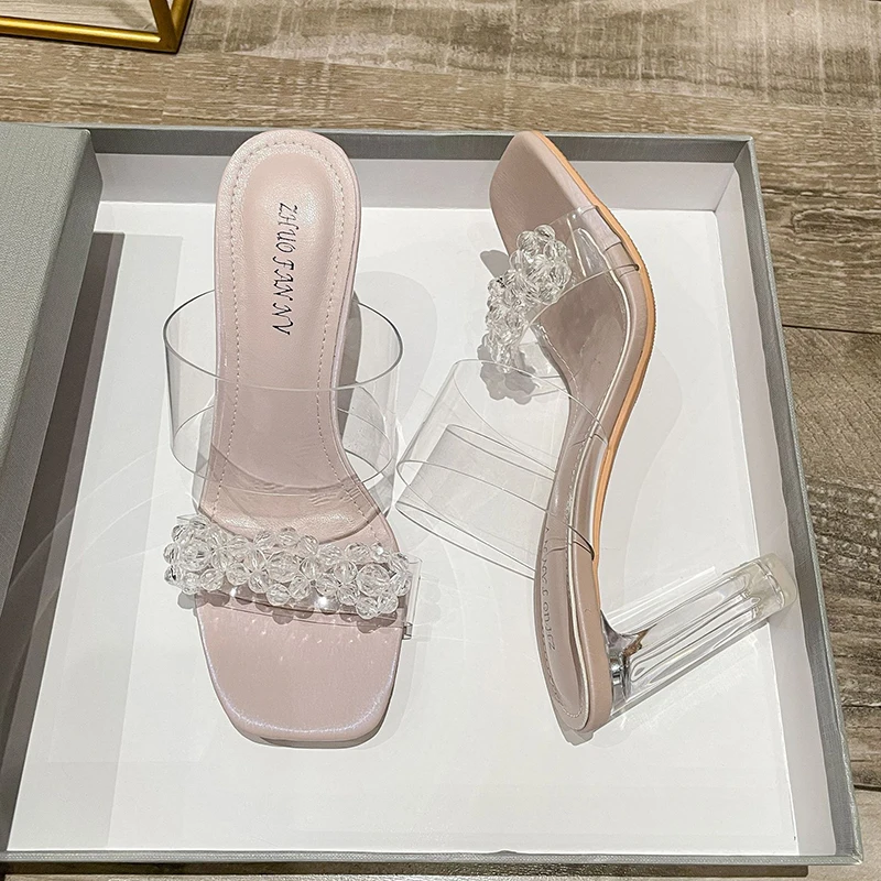 ZOOKERLIN PVC Transparent Crystal Rhinestone Buckle Women's Slippers Summer Square Toe Ladies Strange High Heels Sandals Shoes