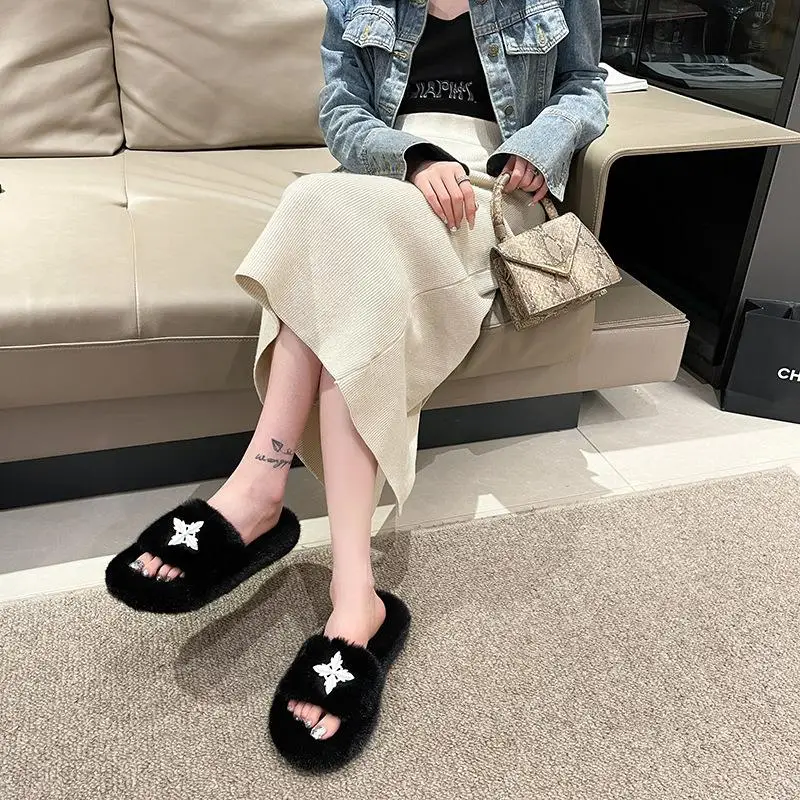 Осенне-зимние плюшевые тапочки с крестом женские французские простые домашние