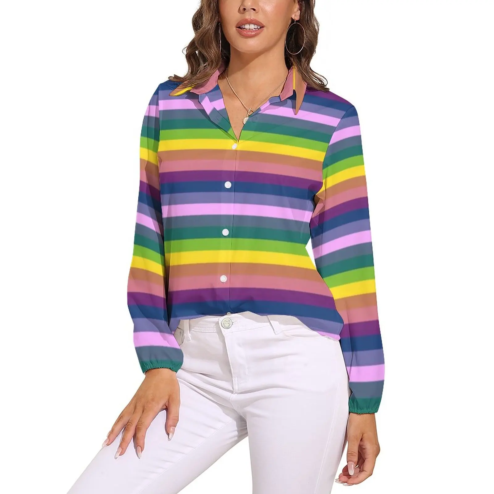 

80S Stripes Blouse Colorful Stripe Line Pattern Trendy Printed Blouses Female Long Sleeve Casual Shirt Spring Oversize Clothes