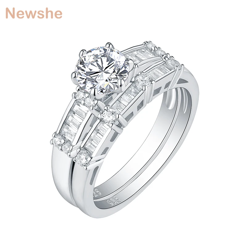 

Newshe 2 шт цельное 925 пробы Серебряное обручальное кольцо набор для женщин 2,2 Ct круглая огранка AAAAA обручальные кольца с фианитами QR104824