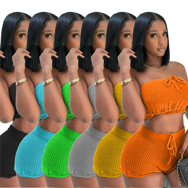 

Summer Knitted Two Piece Set Women Beach Style Casual Strapless Crop Top Shorts Stretch Clothing Suits Streetwear Fashion Suit