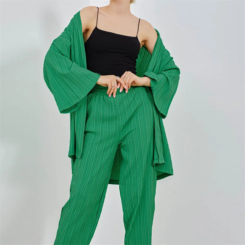 

Pleated Long Cardigan Spring Autumn Pants Sets Womens Outfits Clothes Long Sleeve Loose Casual Tops Office Lady Two Pieces Set