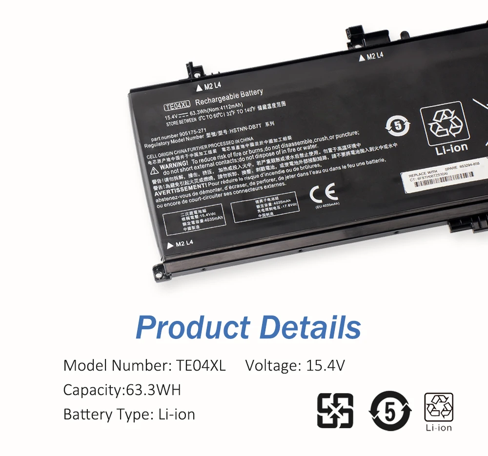 Аккумулятор ETESBAY TE04XL для ноутбука HP Omen 15 Pavilion 905175 в 271 мАч 4 Вт-ч