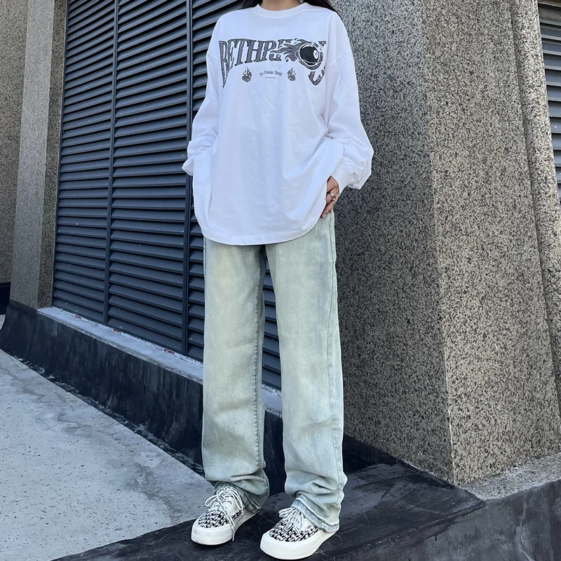 Men's Wear New Vintage Casual Jeans Yellow Mud Dyed Broad Leg Pants High Street Loose Straight Trousers Autumn and Winter Female