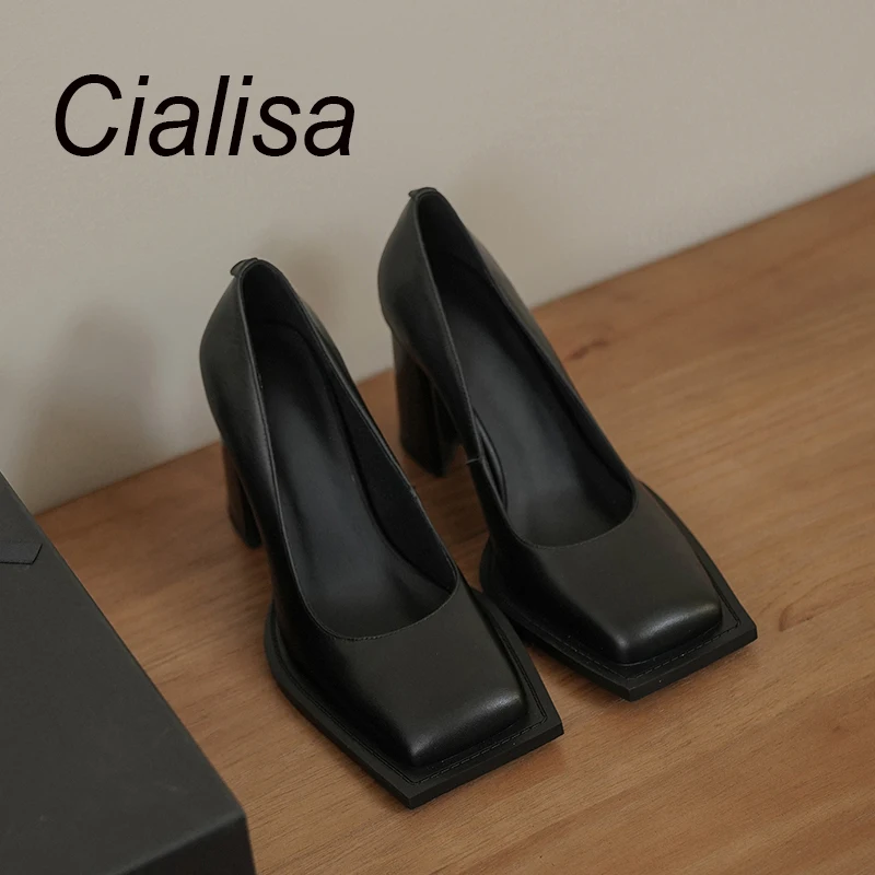 

Cialisa Genuine Leather Shoes New Women Pumps Square Toe 2022 Autumn Party Dress Lady Slip-On High Heels Footwear Plus Size 43