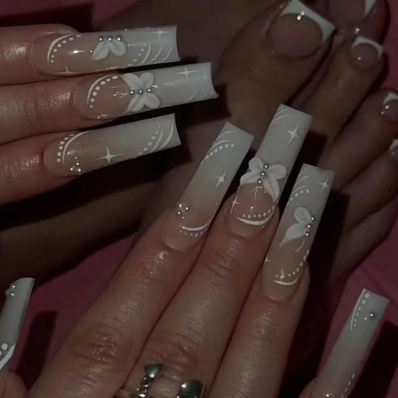 

24Pcs White Butterfly False Nails Long Ballet Fake Nails with Pearl Wearable Artificial Press on Nails Full Cover Manicure Tips