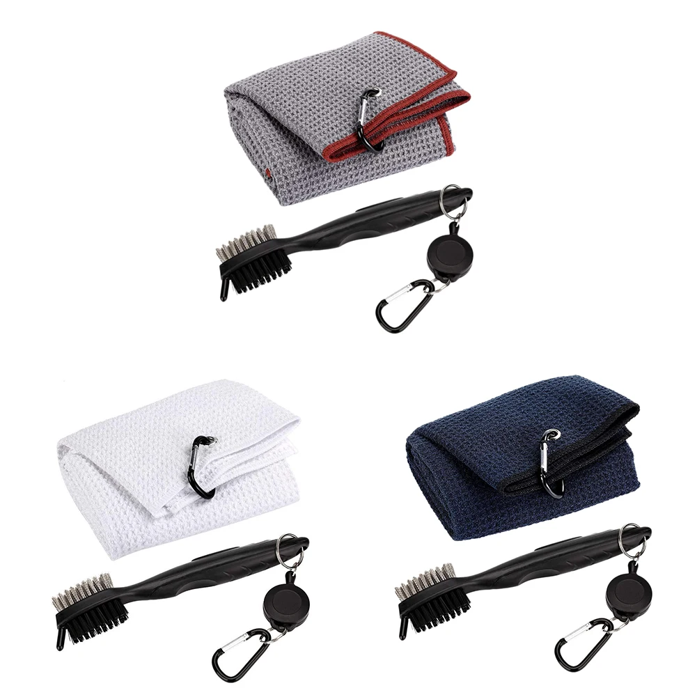 

New-Pure Cotton Golf Towel Brush Tool Kit With Club Groove Cleaner Retractable Extension Cord And Clip