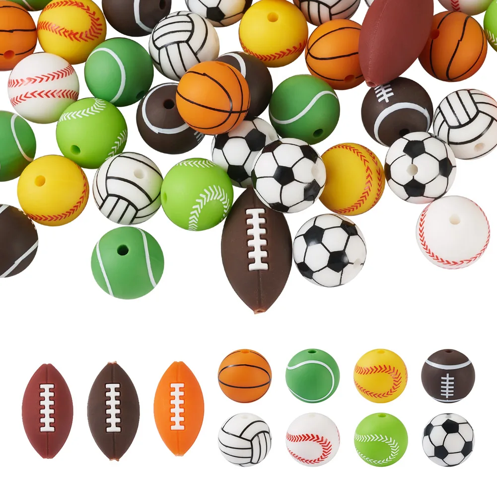 

54pcs Sport Theme Silicone Beads Round Ball Rugby Volleyball Baseball Basketball Pattern Loose Bead Charms for Jewelry Making