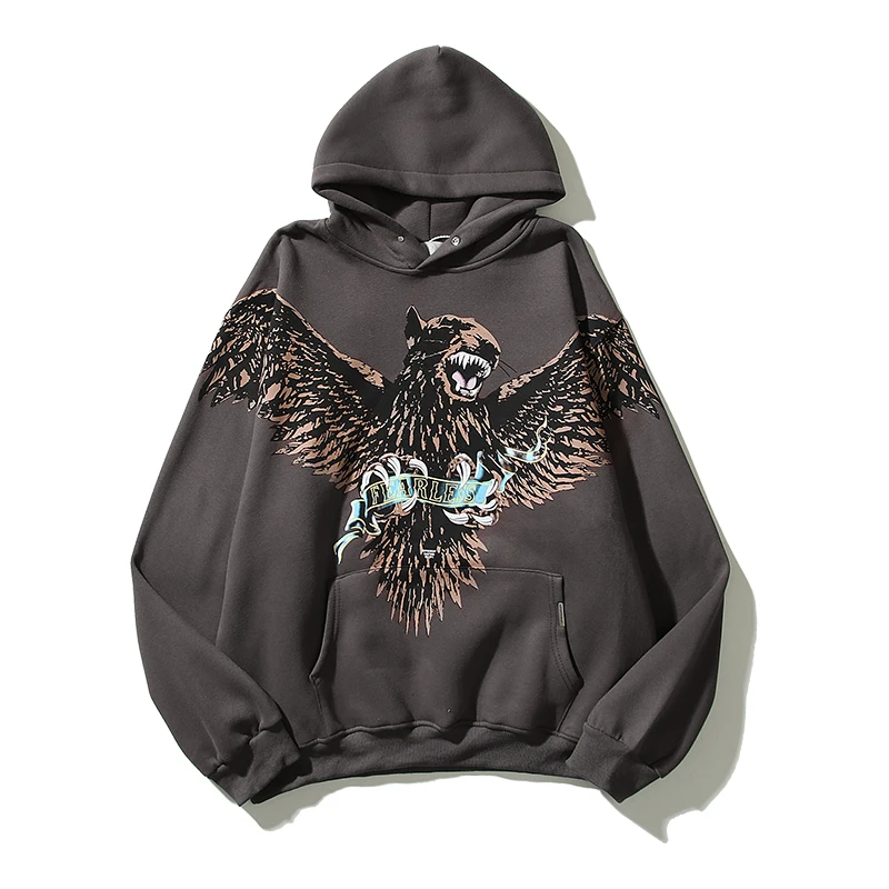 

Retro Terrier Eagle Washed Distressed Casual Hooded Hoodies for Men and Women High Street Oversized Loose Pullover Sweatshirts