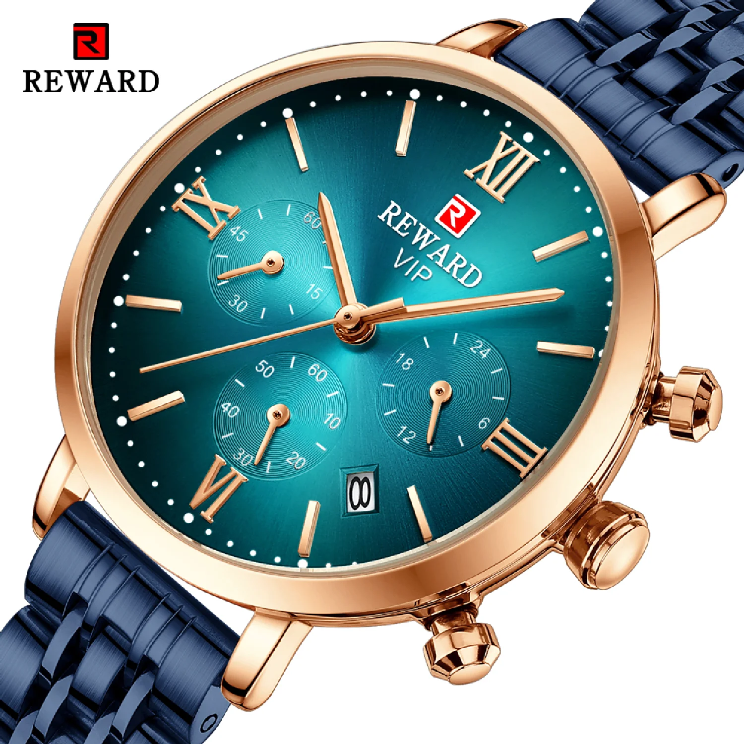 

REWARD Fashion Luxury Blue Women Watch Stainless Steel Waterproof Female Clock Quartz Dress Bracelet Wristwatch with Box