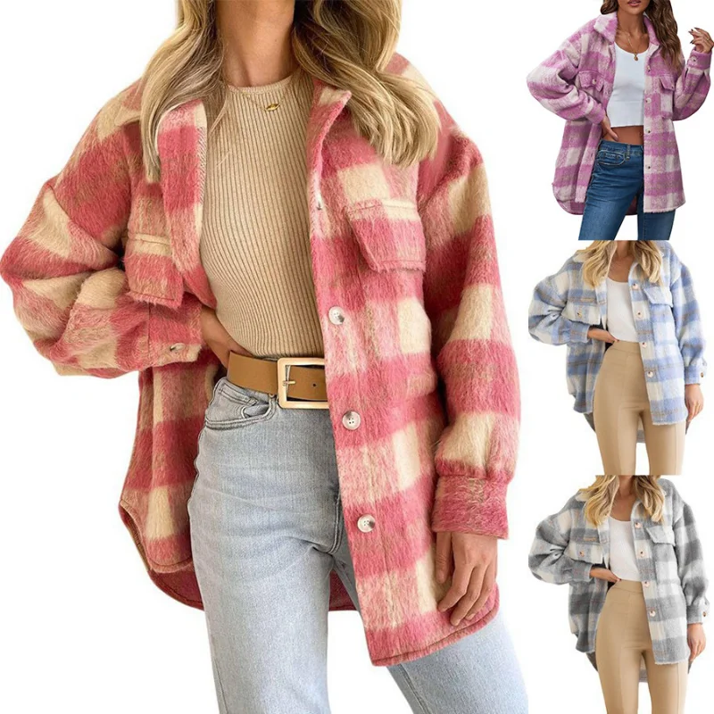 2022 Autumn and Winter New Womens Plaid Coat Woolen Thick Coat Striped Ladies Jacket